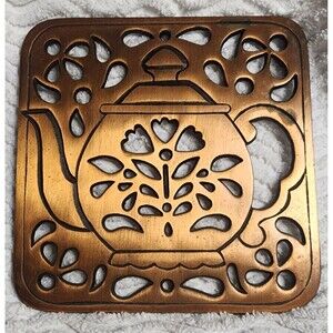 Pretty VINTAGE 1983 Coppertone Teapot HIMARK CastIron TRIVET Hanging Plaque VguC